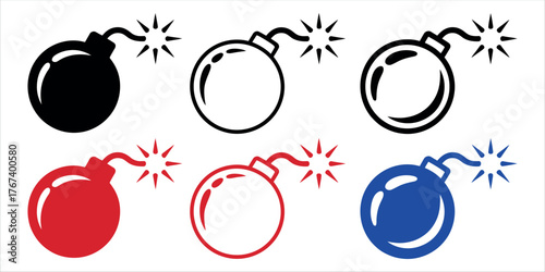Minimalist Bomb Icon Set Vector Illustration. Featuring Line and Glyph Styles for Warning, Danger, Security, Explosion, and Crisis Design.