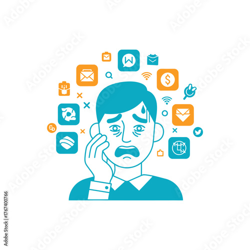 Stressed man overwhelmed by social media notifications feels anxious and pressured in modern digital age, depicting information overload and mental health challenges.