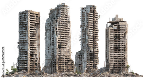 Set of Ruined Skyscrapers Isolated on transparent background Remove png, Clipping Path, pen tool