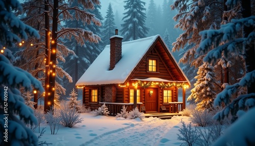 Cozy wooden cabin with glowing lights nestled in snowy forest. Snow-covered trees, wreath, and festive decor evoke Christmas and New Year warmth. Seasonal greetings.