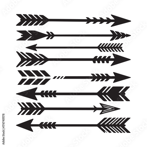 Collection of black and white tribal arrows with varied fletching and shaft designs graphic Silhouette On White Background. 