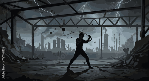 Silhouette Figure Cracking Whip in Industrial Apocalypse Setting