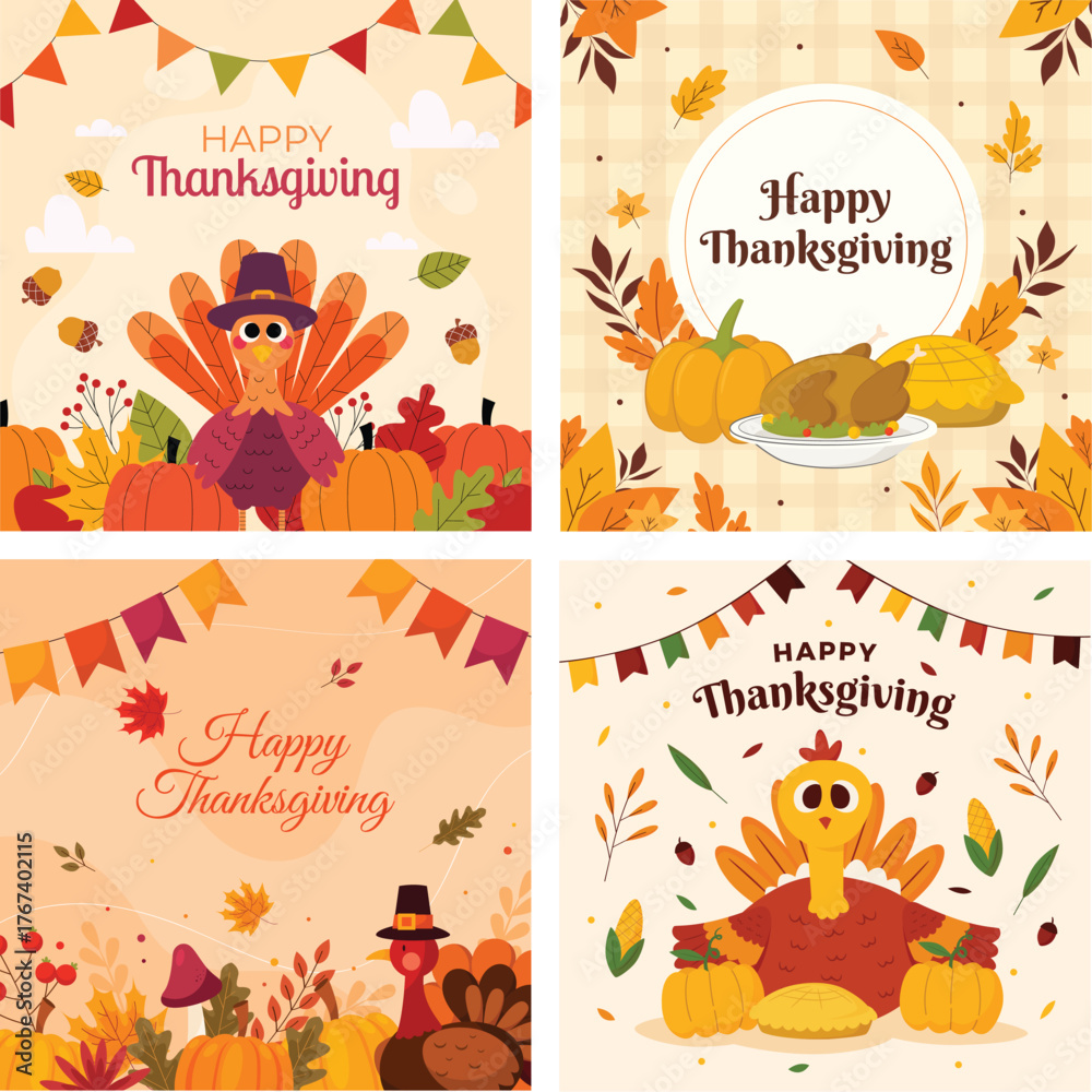 Fototapeta premium Thanksgiving Cartoon Greeting Card Set