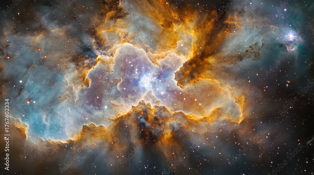 Fototapeta premium A stunning view of a colorful cosmic nebula in the vast universe, filled with vibrant stars and swirling gases creating awe-inspiring beauty.