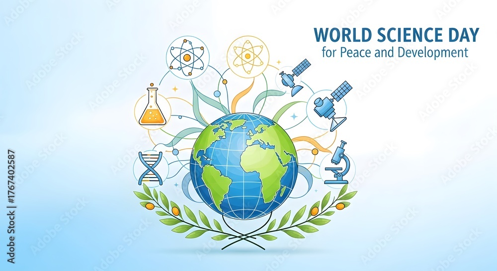 Naklejka premium World science day for peace and development with globe and scientific icons, celebrating innovation and global progress