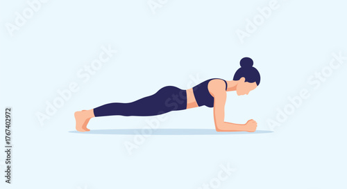 Woman doing a forearm plank exercise on a light blue background.