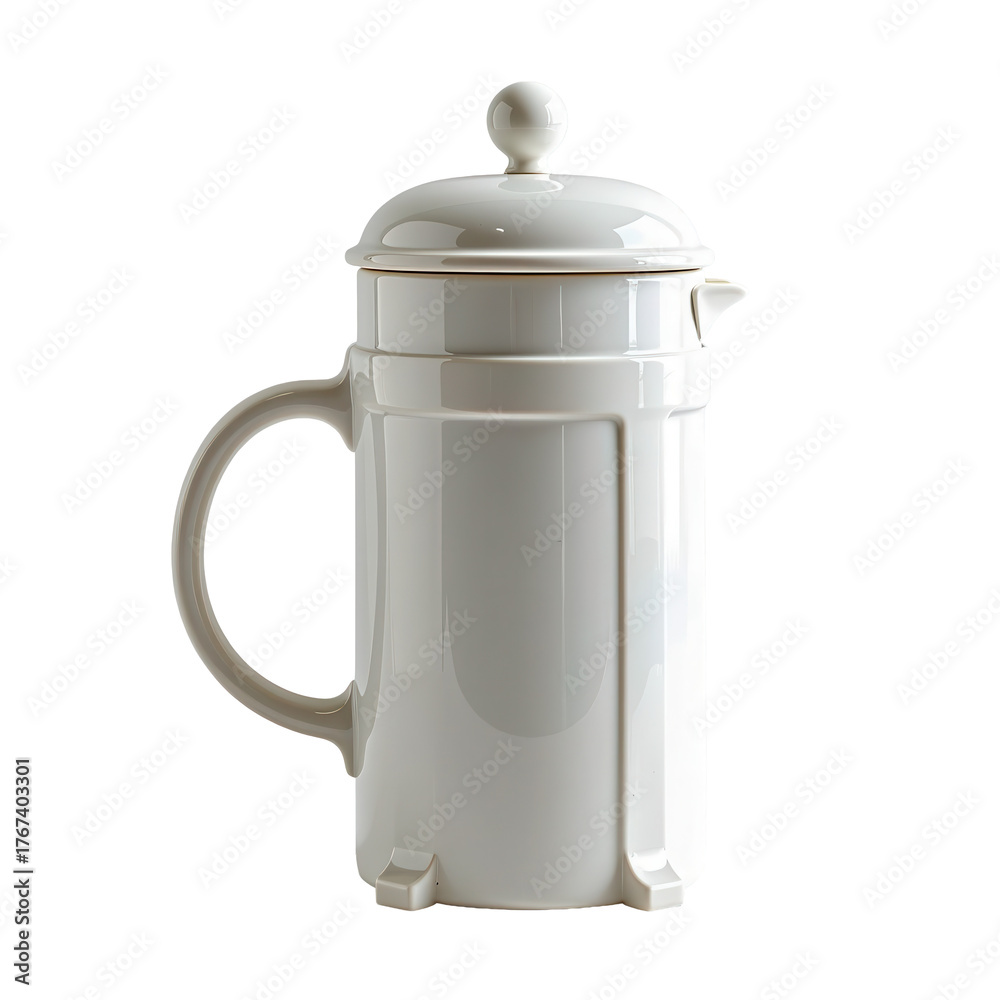 Obraz premium Elegant ceramic white French press coffee maker with lid and handle