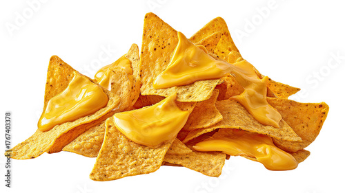 Crunchy nachos with creamy melted cheese sauce, delicious Mexican snack topped with golden cheese and served on white background