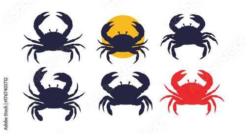 Collection of six crab silhouettes in various colors and styles on a white background.