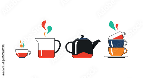Illustration of steaming tea in a pitcher, teapot, and stacked cups with a minimalist design on a white background.