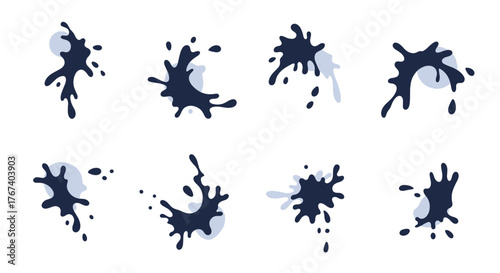 Collection of eight dark blue ink splatters with light blue shading on a white background.