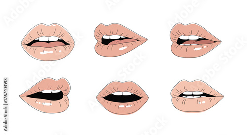 Set of six stylized illustrations of human lips in various open and closed positions, with a peachy skin tone.