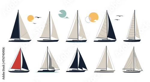 Collection of ten stylized sailboats on a white background with decorative elements.