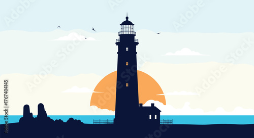 Silhouette of a lighthouse on a rocky shore with a large sun setting over the ocean.