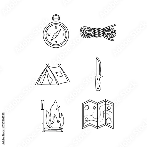 Outline illustration showcases camping and outdoor adventure gear including a compass, rope, tent, knife, campfire, and map, perfect for adventure travel and wilderness expeditions