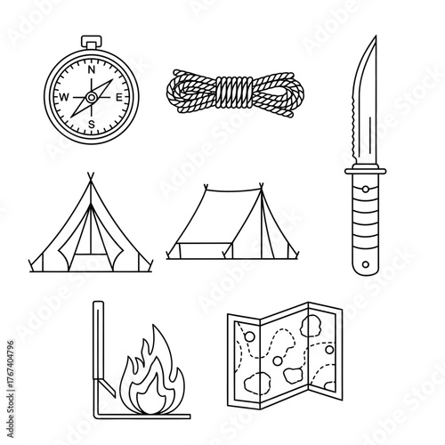 Essential camping gear checklist showcasing adventure and outdoor exploration, compass, tent, map, knife, fire and rope for thrilling expeditions, originally a vector graphic