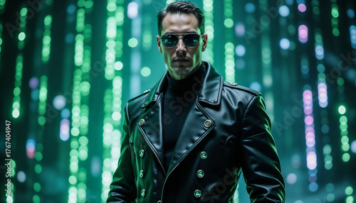 Stylish man in a leather coat posing confidently in a futuristic digital environment