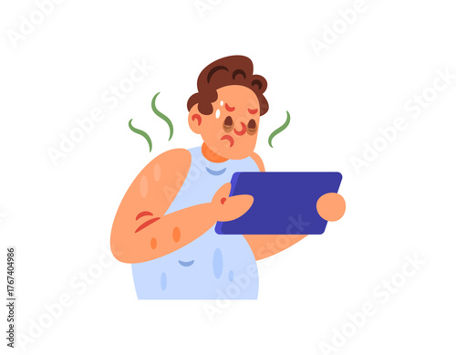Illustration of a boy addicted to gadgets. Addicted to gaming. Dark eyelids or the area around his eyes due to prolonged use of gadgets. Looks tired. Flat character design. White background.