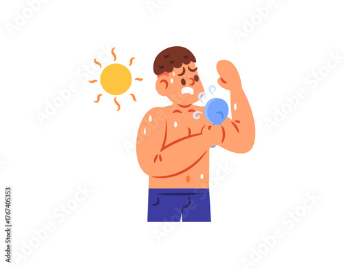 Illustration of a boy using a portable fan to cool down. He is hot and sweaty because of the very hot sun. High temperature. Flat style character design. White background.