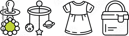 Baby pacifier, mobile, dress, diaper bag, essential newborn items, parenting tools, childcare gear, outlined icons, cad drawing flat vector illustration