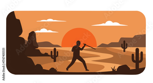 Flat design vector illustration Lone explorer with spear, silhouetted against desert sunset. Cacti and mountains depict a wilderness journey, evoking ancient adventure and survival in arid landscapes