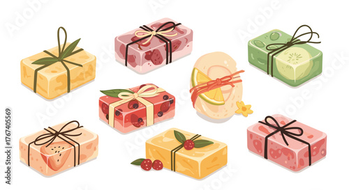 Collection of assorted handcrafted soaps with fruit and herb infusions and decorative ribbons.