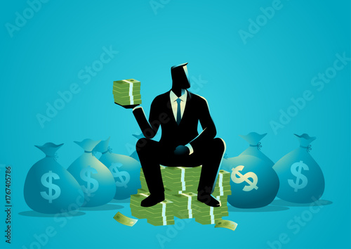 Successful Businessman Sitting on Money, Wealth, Financial Success, and Investment Concept Illustration