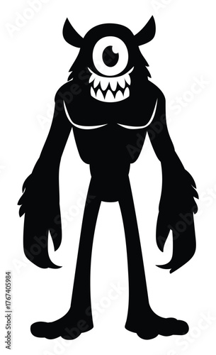Cute cartoon monster character with horns and one big eye silhouette. Happy funny furry creature with sharp teeth. Vector cartoon illustration
