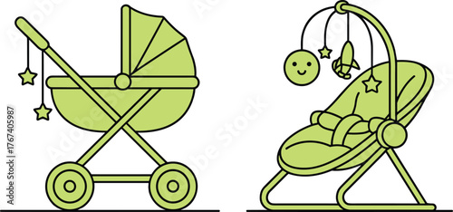 Baby stroller and bouncer seat, green outline, baby gear, toy bar, cad drawing flat vector illustration
