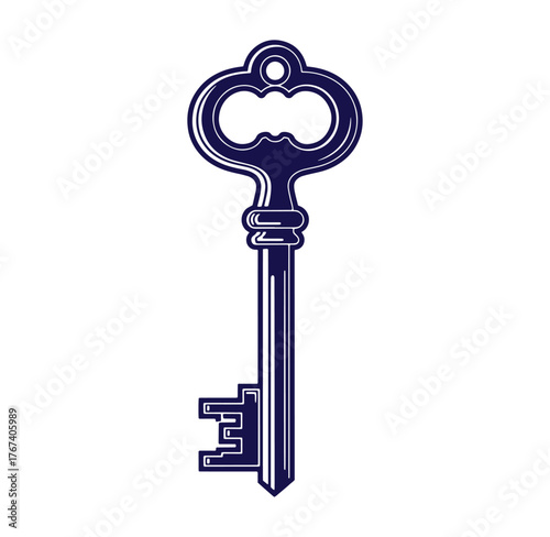 Elegant vintage key illustration in navy blue isolated on a clean white background