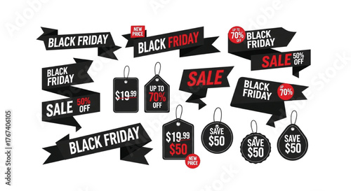 Black Friday Sale Tags, Labels, and Badges with modern typography for exclusive special promotions