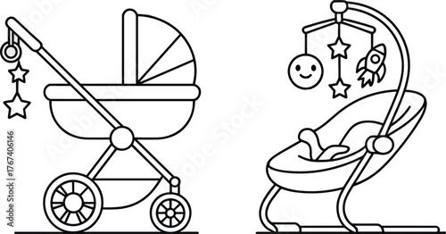 Baby stroller and rocker vector, infant gear, nursery essentials, purple baby items, CAD drawing illustration