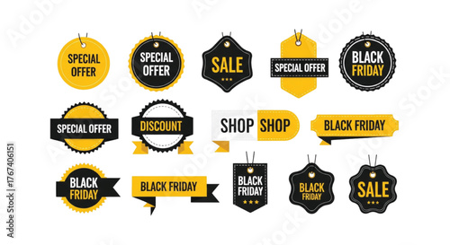 Modern Black Friday discount badges and sale labels set, perfect for advertising and marketing special offers