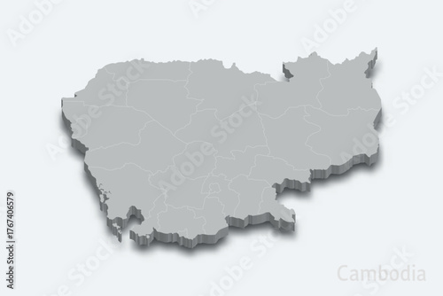 Cambodia 3d map with borders regions