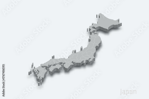 Japan 3d map with borders regions
