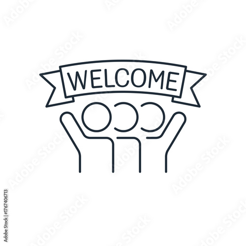 A group of people is inviting. Welcome.Friendly, social, cooperation. Vector linear icon illustration isolated on white background.