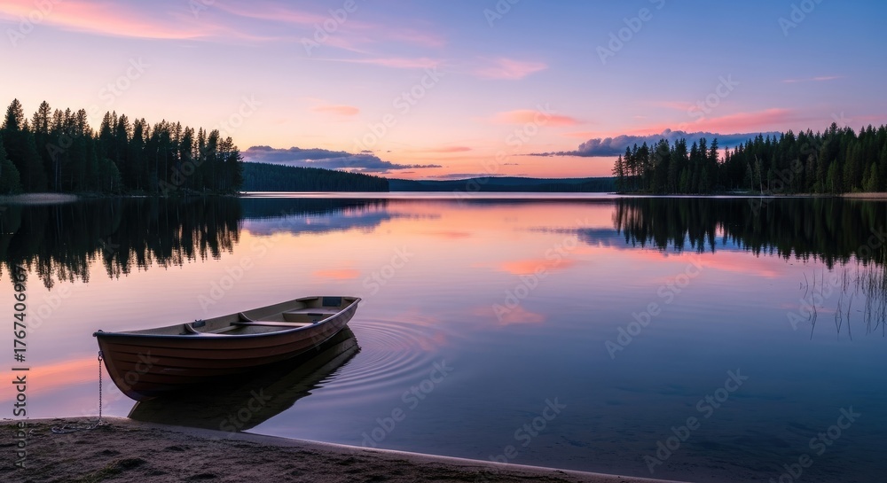 Fototapeta premium Serene Sunset Reflection - Boat on Calm Lake Amidst Forest.