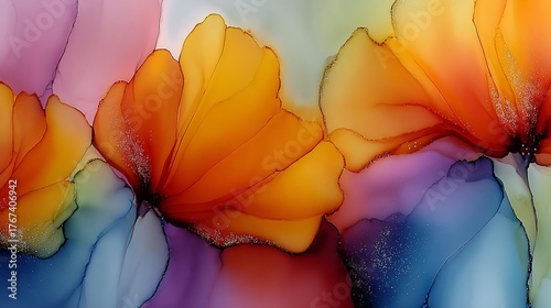 Bright and colorful floral abstract artwork showcasing vibrant petals on a soft background