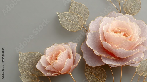 Beautiful pink roses with golden outlines against a soft gray background create an elegant display of floral art