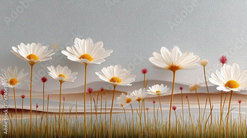 Beautiful white daisies stand tall in a serene landscape under soft gray skies with delicate pink accents