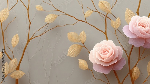 Beautiful pink roses and golden leaves on a textured background create an elegant design for home decor or art