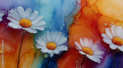 Colorful daisy flowers against an abstract background of vibrant hues and flowing patterns