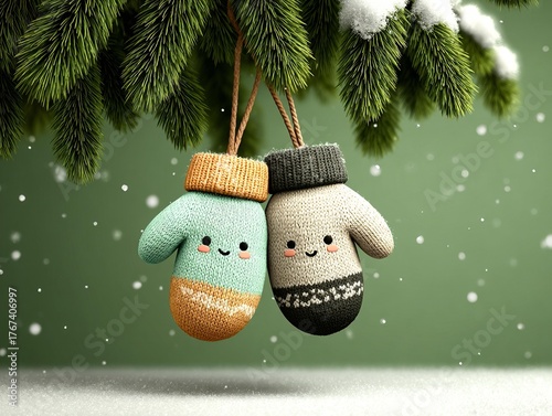 Colorful knitted mittens hanging on a snowy evergreen branch during winter celebrations