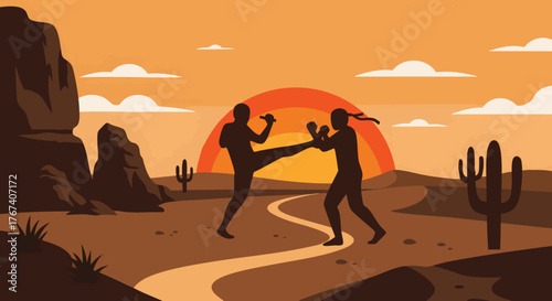 Martial Arts Duel Under a Desert Sunset