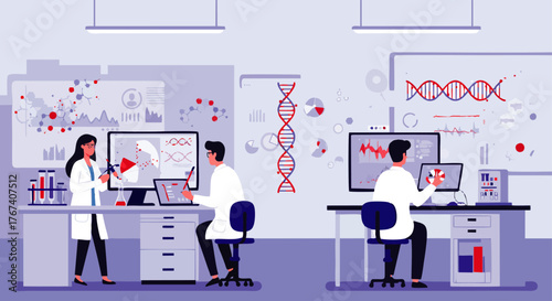 Researchers analyzing genetic data and scientific visualizations in a high-tech laboratory environment.