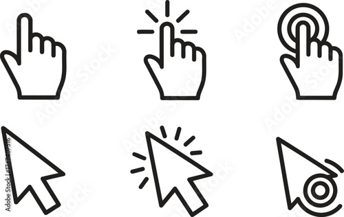 Collection of simple line icons depicting hand gestures and mouse cursors
