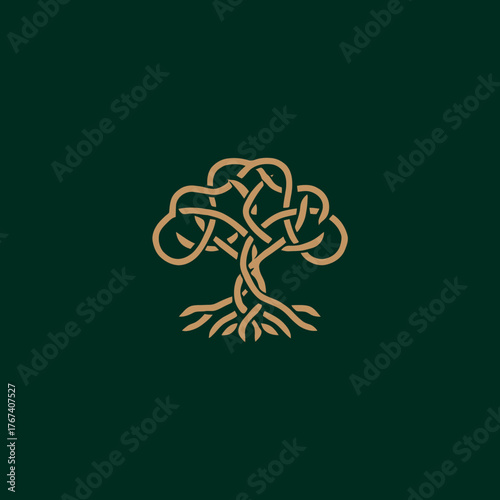 Celtic knotwork tree logo on dark green background for branding and design
