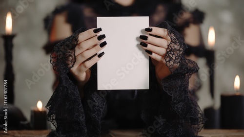 A mockup of a blank card in a witch's hands, template for a gothic Halloween theme - card in female hands, AI-generated