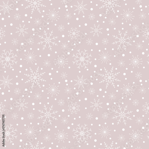 Pink background with snowflakes. Seamless festive, Christmas pattern template, vector illustration. New Year's graphic light element for fabric, wrapping paper, decoration, cover in pastel shades