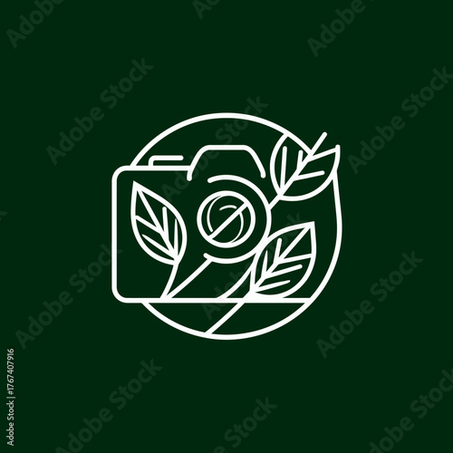 Camera and leaves icon design on dark green background for photography